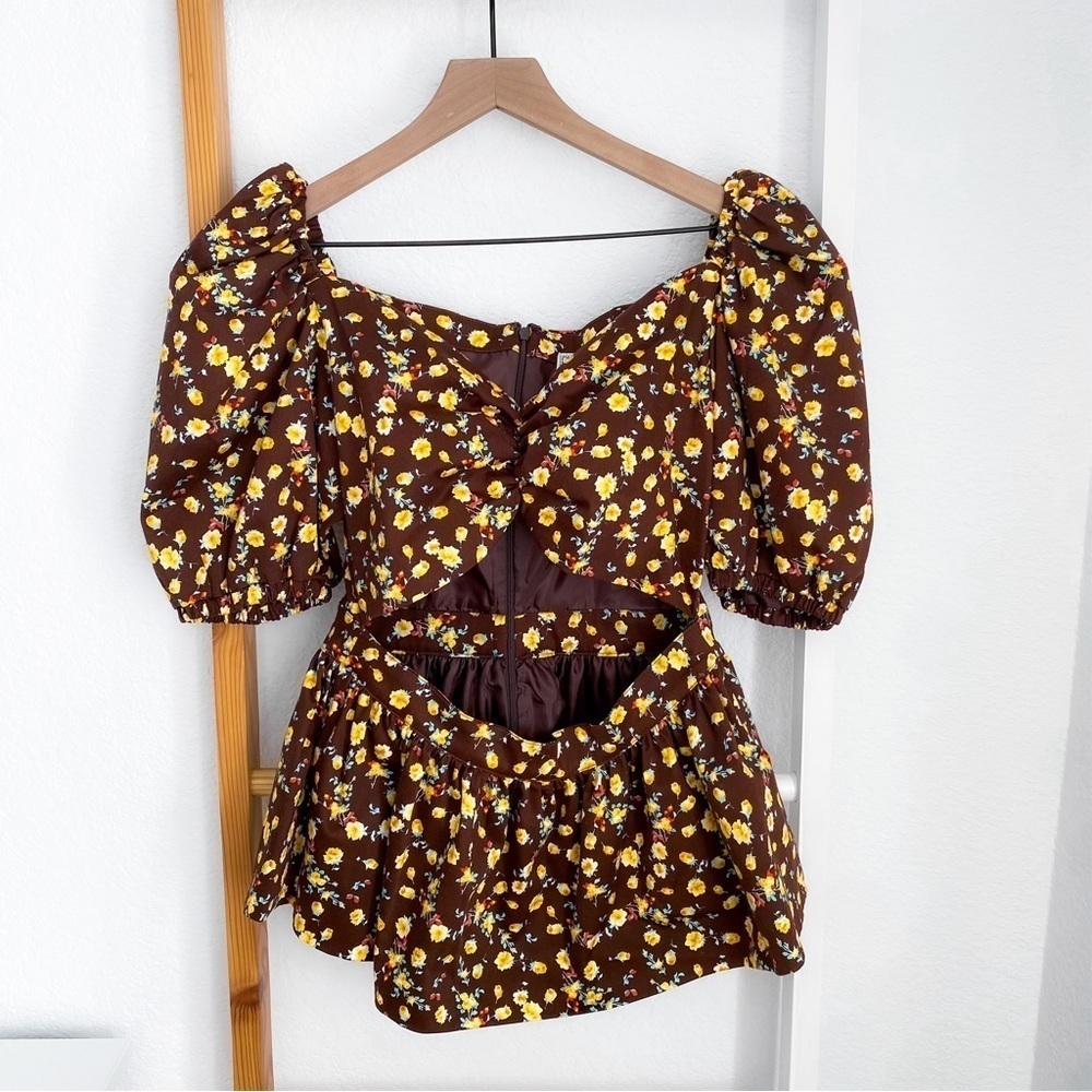NWOT Autumn Adeigbo Bridgette Puff Sleeve Cut-Out Top Brown Yellow Floral - Picture 5 of 16